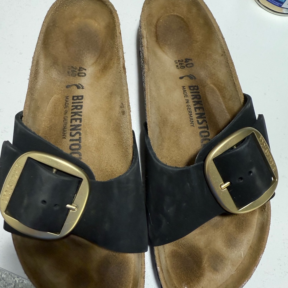 Birkenstock Black Suede Sandals with Large Gold Buckle Size 40